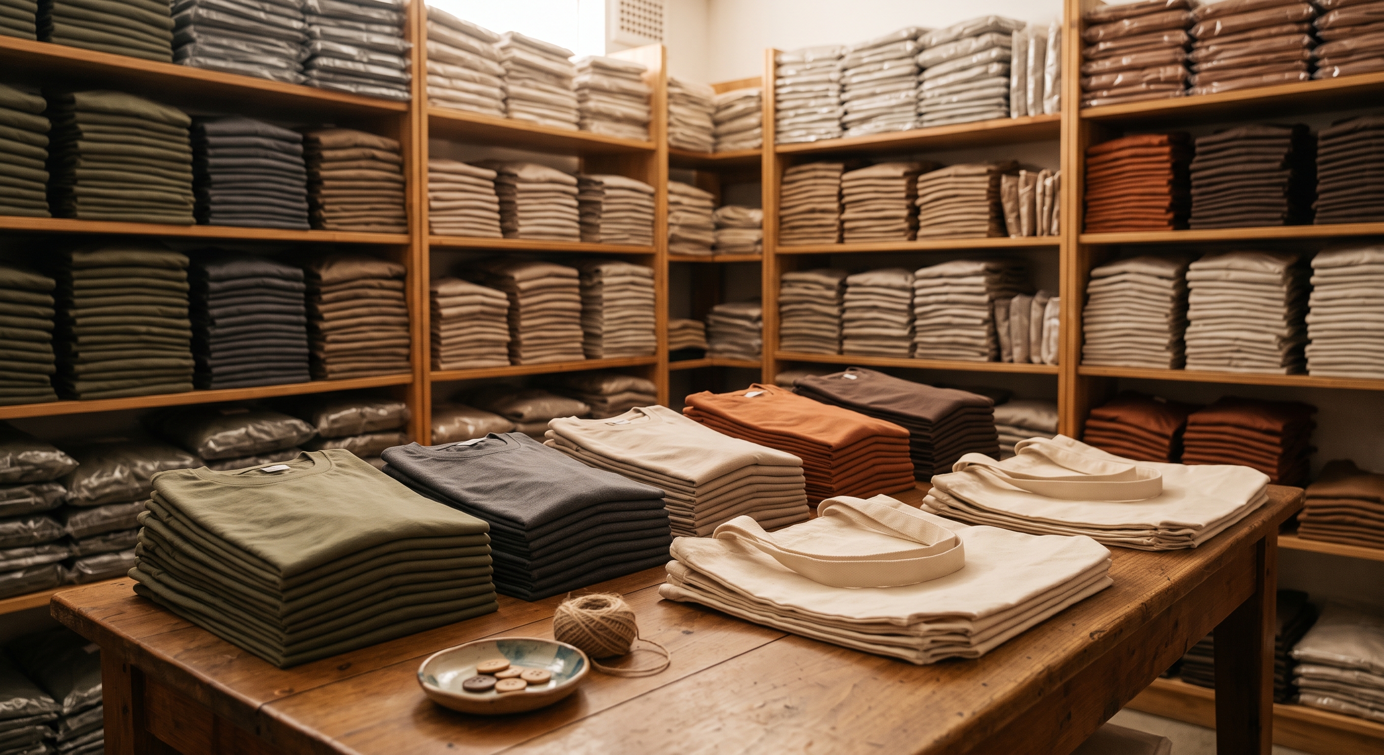 Folded apparel basics and tote bags in a stockroom